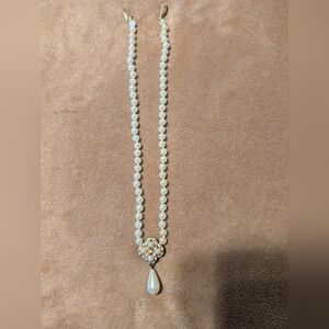 Vintage Faux Pearl With Rhinestones Gold Tone Necklace